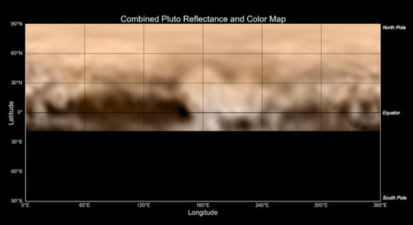 This map of the dwarf planet Pluto was created from images taken from June 27 to July 3 by New Horizons’ LORRI instrument, combined with color data from the space probe’s Ralph instrument. The center of the map corresponds to Pluto’s side that will be seen close-up during New Horizons’ July 14 flyby. Image credit: NASA / Johns Hopkins University Applied Physics Laboratory / Southwest Research Institute.