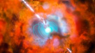 This artist’s impression shows a supernova and associated gamma-ray burst driven by a rapidly spinning magnetar. Image credit: ESO.
