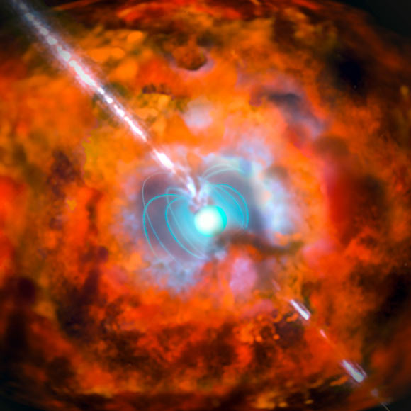 This artist’s impression shows a supernova and associated gamma-ray burst driven by a rapidly spinning magnetar. Image credit: ESO.