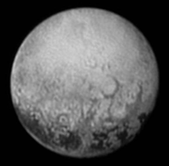 This image of Pluto reveals intriguing geologic details that are of keen interest to New Horizons team members. This image, taken early the morning of July 11, 2015, shows newly-resolved linear features above the equatorial region that intersect, suggestive of polygonal shapes. This image was captured when the spacecraft was 2.5 million miles (4 million km) from Pluto. Image credit: NASA / Johns Hopkins University Applied Physics Laboratory / Southwest Research Institute.