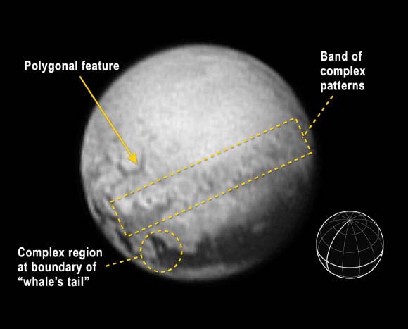 Tantalizing signs of geology on the dwarf planet Pluto are revealed in this image, taken on July 9, 2015 from 3.3 million miles (5.4 million km) away. Image credit: NASA / Johns Hopkins University Applied Physics Laboratory / Southwest Research Institute.