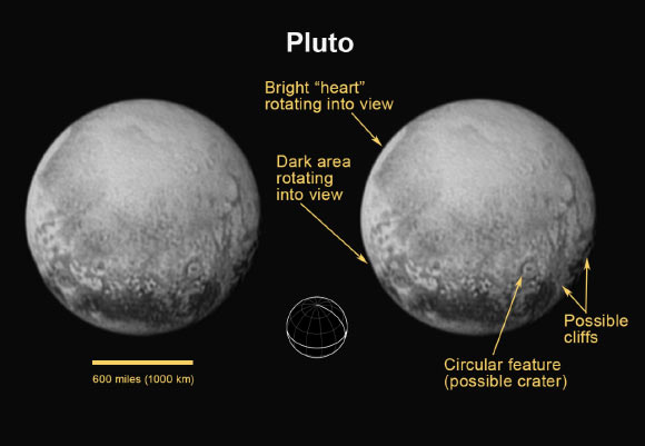 For the first time on Pluto, this view reveals linear features that may be cliffs, as well as a circular feature that could be an impact crater. Rotating into view is the bright heart-shaped feature that will be seen in more detail during New Horizons’ closest approach. This image was taken on July 11, 2015. Image credit: NASA / Johns Hopkins University Applied Physics Laboratory / Southwest Research Institute.