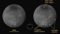 Chasms, craters, and a dark north polar region are revealed in this image of Pluto’s largest moon Charon taken by New Horizons on July 11, 2015. The annotated version includes a diagram showing Charon’s north pole, equator, and central meridian, with the features highlighted. Image credit: NASA / Johns Hopkins University Applied Physics Laboratory / Southwest Research Institute.