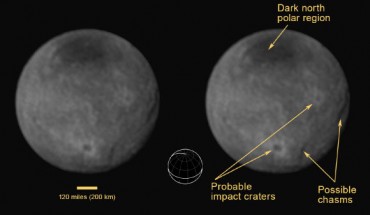 Chasms, craters, and a dark north polar region are revealed in this image of Pluto’s largest moon Charon taken by New Horizons on July 11, 2015. The annotated version includes a diagram showing Charon’s north pole, equator, and central meridian, with the features highlighted. Image credit: NASA / Johns Hopkins University Applied Physics Laboratory / Southwest Research Institute.