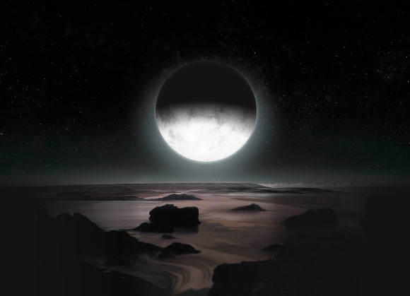 In this artist’s rendering, Charon rises over the frozen south pole surface of Pluto, casting a faint silvery luminescence across the distant planetary landscape. If you stood on the night region of the dwarf planet at that moment of closest approach by New Horizons - looking up at a distinctly gray Charon - it would appear about 7 times larger in the sky than Earth’s Moon. Charon is so close to Pluto and so ice-covered that it would be only 5 times dimmer than the full Moon seen from Earth. At your feet, the icy surface - resembling a sooty snow bank - would be bathed in Charon’s faint glow. The area around you would be dim, but not so dark that you would bump into things. On your moonlight stroll on Pluto you’d notice that your shadow, cast by Charon, is much less defined than your shadow from moonlight on Earth. A wisp of cloud might even pass in front of Charon as you look up. Image credit: Johns Hopkins University Applied Physics Laboratory / Southwest Research Institute.