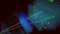 Collisions at 13 TeV send particle tracks through the LHCb detector. Image credit: LHCb.
