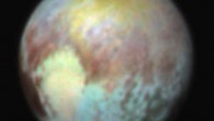 This July 13, 2015, image of Pluto is presented in false colors to make differences in surface material and features easy to see. It was obtained by New Horizons’ Ralph instrument, using three filters to obtain color information, which is exaggerated in the image. The image reveals that the bright heart-shaped region of Pluto includes areas that differ in color characteristics. The western lobe, shaped like an ice-cream cone, appears peach color in this image. A mottled area on the right (east) appears bluish. Even within Pluto’s northern polar cap, in the upper part of the image, various shades of yellow-orange indicate subtle compositional differences. Image credit: NASA / Johns Hopkins University Applied Physics Laboratory / Southwest Research Institute.