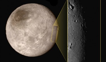 This image of Pluto’s largest moon Charon was taken on July 13 from a distance of 289,000 miles (466,000 km). The inset is a black-and-white close-up taken on July 14. Image credit: NASA / Johns Hopkins University Applied Physics Laboratory / Southwest Research Institute.