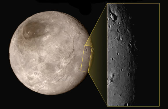 This image of Pluto’s largest moon Charon was taken on July 13 from a distance of 289,000 miles (466,000 km). The inset is a black-and-white close-up taken on July 14. Image credit: NASA / Johns Hopkins University Applied Physics Laboratory / Southwest Research Institute.