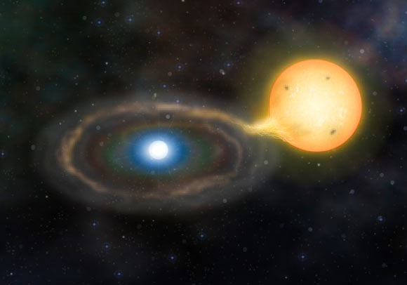 This is an artist’s impression of the unique binary system Gaia14aae. Image credit: Marisa Grove / University of Cambridge’s Institute of Astronomy.
