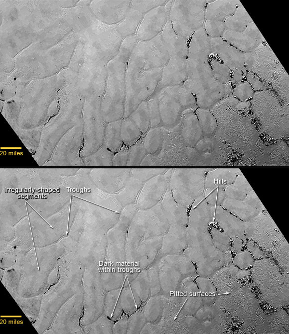 This view of a portion of Pluto’s Sputnik Planum shows enigmatic features: the surface appears to be divided into irregularly shaped segments that are ringed by narrow troughs, some of which contain darker materials; features that appear to be groups of mounds and fields of small pits are also visible. This image was acquired on July 14 from a distance of 48,000 miles (77,000 km). Features as small as a half-mile (1 km) across are visible. Image credit: NASA / Johns Hopkins University Applied Physics Laboratory / Southwest Research Institute.