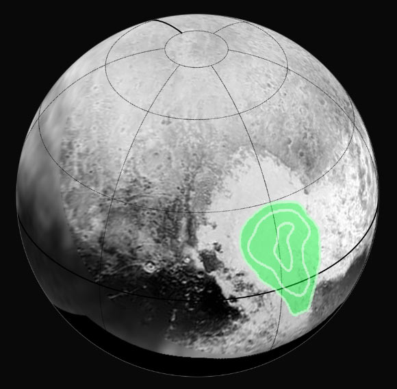 Frozen carbon monoxide in ‘heart of Pluto:’ the contours indicate that the concentration of frozen carbon monoxide increases towards the center of the ‘bull’s eye.’ Image credit: NASA / Johns Hopkins University Applied Physics Laboratory / Southwest Research Institute.