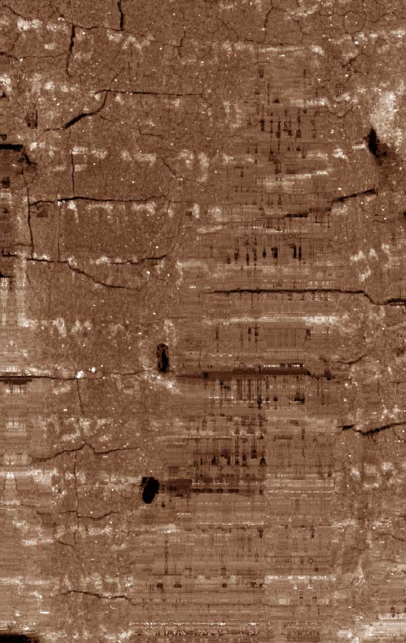 Unwrapped texture image of the Ein Gedi scroll, showing letters of the Hebrew alphabet. Image credit: Seth Parker / University of Kentucky.