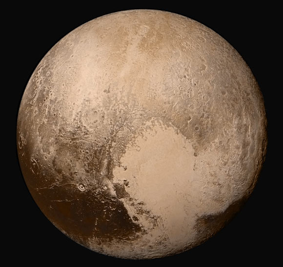This mosaic provides the best view ever obtained of the dwarf planet Pluto. The lower right edge of the planet in this view currently lacks high-resolution color coverage. Image credit: NASA / Johns Hopkins University Applied Physics Laboratory / Southwest Research Institute.