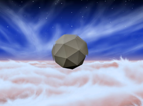 This artist’s concept shows a windbot bobbing through the skies of Jupiter, drawing energy from turbulent winds there; the windbot is portrayed as a polyhedron with sections that spin to absorb wind energy and create lift, although other potential configurations are being investigated. Image credit: NASA / JPL-Caltech.