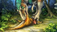 Cretaceous tyrannosaurid dinosaur Gorgosaurus using its specialized teeth for feeding on a young Corythosaurus. Image credit: Danielle Dufault.