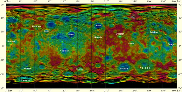 This map shows the highs and lows of topography on the surface of Ceres. It is labeled with names of features approved by the International Astronomical Union. The color scale extends about 5 miles (7.5 km) below the surface in indigo to 5 miles (7.5 km) above the surface in white. Image credit: NASA / JPL-Caltech / UCLA / MPS / DLR / IDA.