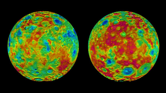 This pair of images shows topographic maps of the dwarf planet Ceres. The map at left is centered on terrain at 60 degrees east longitude; the map at right is centered on 240 degrees east longitude. The color scale extends about 5 miles (7.5 km) below the surface in indigo to 5 miles (7.5 km) above the surface in white. The bright spots in the center of Ceres northern hemisphere in the image at right retain their bright appearance, although they are color-coded in the same green elevation of the crater floor in which they sit. Image credit: NASA / JPL-Caltech / UCLA / MPS / DLR / IDA.