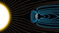 An artist’s depiction of Earth’s magnetic field deflecting high-energy protons from the Sun around 4 billion years ago. Image credit: Michael Osadciw / University of Rochester.