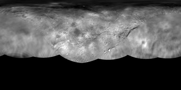 Global map of Charon as of July 30, 2015. The map is in simple cylindrical projection, with zero longitude (the Pluto-facing direction) in the center. It includes all available resolved images of the moon’s surface captured between July 7-14, 2015 on the anti-Pluto facing hemisphere. Image credit: NASA / Johns Hopkins University Applied Physics Laboratory / Southwest Research Institute.