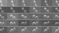 This collage of radar images of 1999 JD6 was collected by NASA scientists on July 25, 2015. The asteroid appears to be a contact binary. These views, which are radar echoes, were obtained by pairing NASA's 230-foot-wide Deep Space Network antenna at Goldstone, California, with the 330-foot Green Bank Telescope in West Virginia. Using this approach, the Goldstone antenna beams a radar signal at an asteroid and Green Bank receives the reflections. The technique, referred to as a bistatic observation, dramatically improves the amount of detail that can be seen in radar images. Image credit: NASA / JPL-Caltech / GSSR.