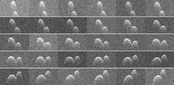 This collage of radar images of 1999 JD6 was collected by NASA scientists on July 25, 2015. The asteroid appears to be a contact binary. These views, which are radar echoes, were obtained by pairing NASA's 230-foot-wide Deep Space Network antenna at Goldstone, California, with the 330-foot Green Bank Telescope in West Virginia. Using this approach, the Goldstone antenna beams a radar signal at an asteroid and Green Bank receives the reflections. The technique, referred to as a bistatic observation, dramatically improves the amount of detail that can be seen in radar images. Image credit: NASA / JPL-Caltech / GSSR.