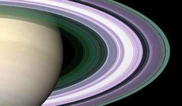In this simulated image of Saturn’s rings, color is used to present information about ring particle sizes in different regions based on the measured attenuations of three radio signals. Image credit: NASA.
