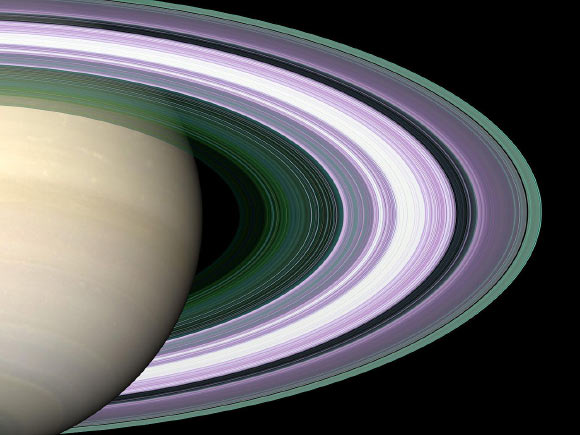 In this simulated image of Saturn’s rings, color is used to present information about ring particle sizes in different regions based on the measured attenuations of three radio signals. Image credit: NASA.