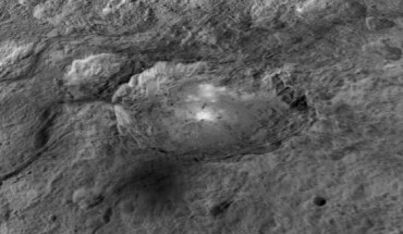 The mysterious bright spots on Ceres lie in the Occator crater, which is about 60 miles (90 km) across and two miles (4 km) deep. This image comes from the animation, generated using data from NASA’s Dawn spacecraft; vertical relief has been exaggerated by a factor of five; exaggerating the relief helps scientists understand and visualize the topography much more easily, and highlights features that are sometimes subtle. Image credit: NASA / JPL-Caltech / UCLA / MPS / DLR / IDA / LPI.
