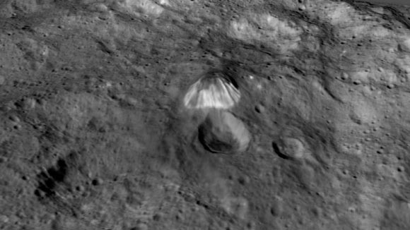 Among the highest features seen on Ceres so far is a mountain about 4 miles (6 km) high. Image credit: NASA / JPL-Caltech / UCLA / MPS / DLR / IDA / LPI.