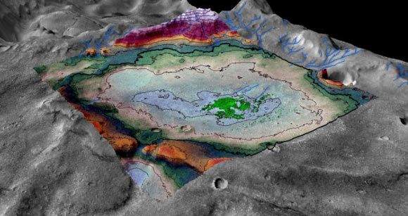 This is a perspective rendering of the Martian chloride deposit. Image credit: Brian Hynek / University of Colorado Boulder.