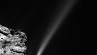This image was taken from a distance of 186 km from the center of Comet 67P/Churyumov-Gerasimenko; the jet is estimated to have a minimum speed of 10 m/s and originates from a location on the comet’s neck, in the rugged Anuket region. Image credit: ESA / Rosetta / MPS for OSIRIS Team / MPS / UPD / LAM / IAA / SSO / INTA / UPM / DASP / IDA.