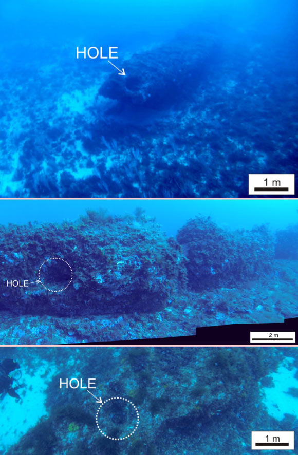 Underwater composite photographs taken from divers, showing the discovered monolith and some details. Top: monolith’s end. Middle: partial lateral view. Bottom: partial view from above. Image credit: Emanuele Lodolo / Zvi Ben-Avraham.