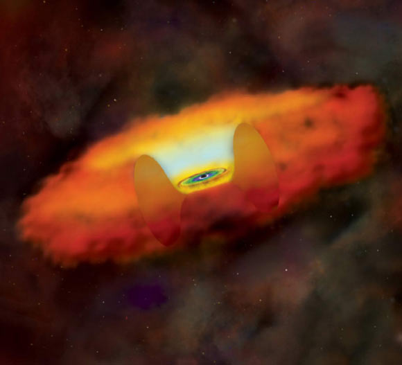 An artist’s conception shows a supermassive black hole at the center of the dwarf disk galaxy RGG 118. Image credit: NASA / CXC / M.Weiss.