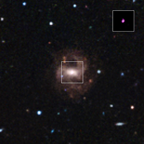 A SDSS image of the dwarf disk galaxy RGG 118. The image is 3.2 arcmin across (about 317,000 light-years). The inset is a Chandra image showing hot gas around the black hole. Image credit: X-ray – NASA / CXC / University of Michigan / V.F.Baldassare et al.; optical – SDSS.