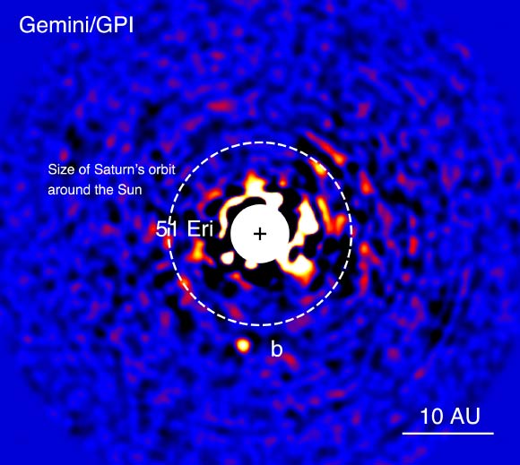 Discovery image of 51 Eridani b taken in the near-infrared light by the Gemini Planet Imager. The bright central star has been mostly removed by a hardware and software mask to enable the detection of the exoplanet one million times fainter. Image credit: J. Rameau, University of Montreal / C. Marois, Herzberg Institute of Astrophysics.