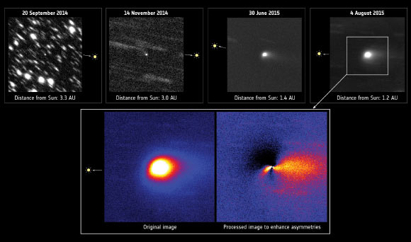 This series of images of 67P/Churyumov–Gerasimenko was collected between 2014 and 2015 using the Gemini Observatory. All images are centered on the comet and were obtained by stacking several short exposures; stars are also visible as streaks. In the first image of the upper row, taken on 20 September 2014, the comet appears nearly point-like. At the time, it was around 500 million km from the Sun. In the second image, taken on 14 November 2014 – two days after the landing of Philae – the comet exhibits a faint tail to the upper left; it was about 450 million km from the Sun at the time. The comet was observed again in the summer, as shown in the third image, taken on 30 June 2015, when the comet was around 200 million km from the Sun; the tail is visible towards the right. As the comet moved towards northern latitudes, it became visible from the northern hemisphere in July 2015. The fourth image, taken on 4 August 2015, shows a bright tail. The comet was around 186 million km from the Sun and about to reach perihelion on 13 August. The two images in the lower row show a zoomed version of the 4 August image. On the left, the original image is shown (visualized in a color scale) with the bright comet tail extending towards the right. On the right, the image was processed by subtracting a radially symmetric component from the coma to enhance possible anisotropies in its shape. While the bulk of the tail points to the right, there is a notable high-density region pointing in a different direction, to the lower left. The comet nucleus is too faint to be seen, lying within the innermost pixel of this image. The upper frames measure 100 000 km across and the lower frames 50 000 km across (at the distance of the comet). Image credit: Gemini Observatory / AURA.