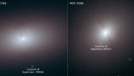 These Hubble images show elliptical galaxies with dark, wispy dust lanes, the signature of a recent galaxy merger. The dust is the only relic of a smaller galaxy that was consumed by the larger elliptical galaxy. The X in the images marks the location of supernova explosions that are associated with the galaxies. Each supernova may have been gravitationally kicked out of its host galaxy by a pair of central supermassive black holes. When two galaxies merge, so do their supermassive black holes. Prof Foley suggests the supernovae were stars that were once part of double-star systems. These systems wandered too close to the binary black holes, which ejected them from their galaxies. Eventually, the stars in each system moved close enough together to trigger a supernova blast. These outcast supernovae are located at various distances from their home galaxies. SN 2000ds (left) is at least 12,000 light-years from its galaxy, NGC 2768; SN 2005cz (right) is at least 7,000 light-years from its galaxy, NGC 4589. NGC 2768 resides 75 million light-years from Earth, and NGC 4589 is 108 million light-years away. Image credit: NASA / ESA / R. Foley, University of Illinois.