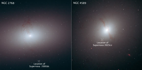 These Hubble images show elliptical galaxies with dark, wispy dust lanes, the signature of a recent galaxy merger. The dust is the only relic of a smaller galaxy that was consumed by the larger elliptical galaxy. The X in the images marks the location of supernova explosions that are associated with the galaxies. Each supernova may have been gravitationally kicked out of its host galaxy by a pair of central supermassive black holes. When two galaxies merge, so do their supermassive black holes. Prof Foley suggests the supernovae were stars that were once part of double-star systems. These systems wandered too close to the binary black holes, which ejected them from their galaxies. Eventually, the stars in each system moved close enough together to trigger a supernova blast. These outcast supernovae are located at various distances from their home galaxies. SN 2000ds (left) is at least 12,000 light-years from its galaxy, NGC 2768; SN 2005cz (right) is at least 7,000 light-years from its galaxy, NGC 4589. NGC 2768 resides 75 million light-years from Earth, and NGC 4589 is 108 million light-years away. Image credit: NASA / ESA / R. Foley, University of Illinois.