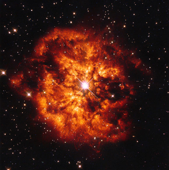 This Hubble image shows the nebula M1-67 around the Wolf-Rayet star WR 124. Image credit: NASA / ESA / Hubble / Judy Schmidt, geckzilla.com.