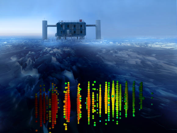 A graphic of one of the highest-energy neutrino events is superimposed on a view of the IceCube Neutrino Observatiory at NSF’s Amundsen-Scott South Pole Station. Image credit: IceCube Collaboration.