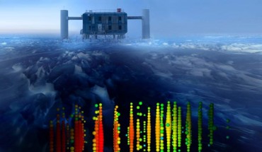 A graphic of one of the highest-energy neutrino events is superimposed on a view of the IceCube Neutrino Observatiory at NSF’s Amundsen-Scott South Pole Station. Image credit: IceCube Collaboration.