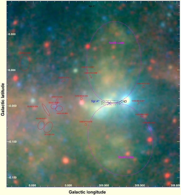 Close-up of the region surrounding Sagittarius A*. The position of Sagittarius A* is indicated by the blue cross. The red ellipses show the position and extent of filamentary and diffuse X-ray emission features. The magenta dashed ellipses show the location and extension of the bipolar X-ray lobes. The black dashed ellipses indicate the position and orientation of the circumnuclear disc. Image credit: ESA / XMM-Newton / G. Ponti et al.