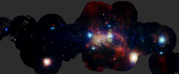 Milky Way’s center through the emission of heavy elements: the image combines data collected at energies that correspond to the light emitted by heavy elements such as silicon and argon, which are produced primarily in supernova explosions, as well as other narrow energy bands. It spans about 2.5 degrees across, equivalent to about 1,000 light-years. Image credit: ESA / XMM-Newton / G. Ponti et al.