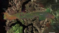 Jakobshavn glacier, also known as Sermeq Kujalleq and the Jakobshavn Isbræ, is a large glacier in West Greenland and is among the world’s most dynamic glaciers. Radar images from ESA’s Sentinel-1A captured the glacier before and after a massive calving event, which took place between 14 and 16 August 2015. The image composite includes different Sentinel-1A images from 27 July, and 13 and 19 August. The red, green and blue indicate the position of the calving front and other dynamic features on each respective date. Image credit: Copernicus Sentinel data /ESA.