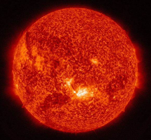 This SDO image shows a subset of extreme UV light that highlights the extremely hot solar material, which is typically colorized in red. Image credit: NASA / SDO.