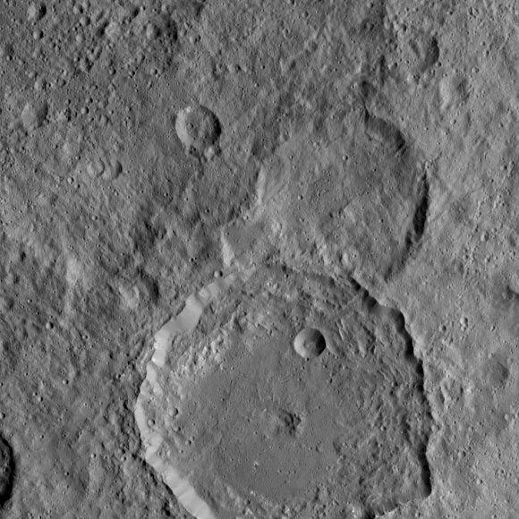 This image of Gaue crater, the large crater on the bottom, was taken on August 18, 2015. The center of this crater is sunken in. Its diameter is 52 miles (84 km). Image credit: NASA / JPL-Caltech / UCLA / MPS / DLR / IDA.