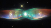 This Hubble image shows a bipolar planetary nebula named the Twin Jet Nebula, located about 5,560 light-years away in the constellation Ophiuchus. Bipolar planetary nebulae are formed when the central object is not a single star, but a binary system. Studies have shown that the nebula’s size increases with time, and measurements of this rate of increase suggest that the stellar outburst that formed the lobes occurred just 1,200 years ago. Image credit: NASA / ESA / Hubble / Judy Schmidt.