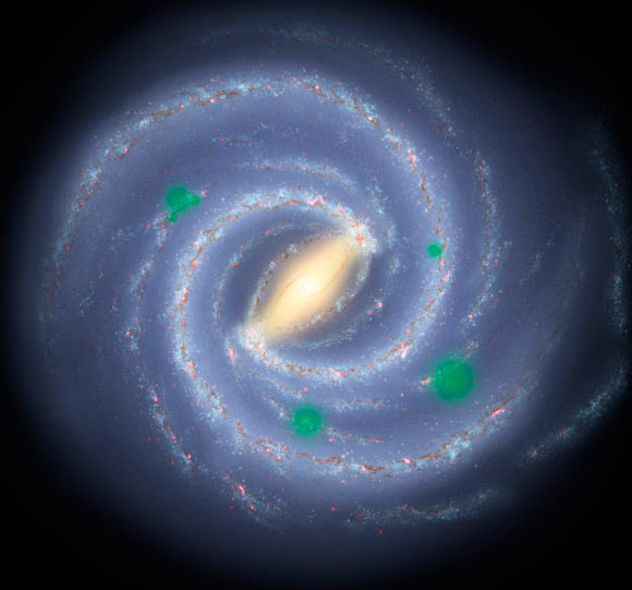In this theoretical artist’s conception of our Milky Way Galaxy, green ‘bubbles’ mark areas where alien life has spread beyond its home system to create cosmic oases, a process called panspermia. Image credit: NASA / JPL / R. Hurt.