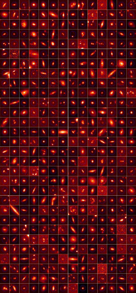 Herschel images of a small fraction of the galaxies analyzed in the new study. The images have a size of 5 x 5 arcsec2. The circle has a radius of 1.5 arcsec. Image credit: Stephen Eales et al.